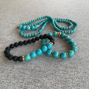 New - Turquoise and lava rock handmade necklace bracelet set - stretch